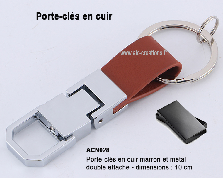 porte-cles publicitaires en cuir et metal, porte-clés en cuir de haute qualité, porte-clés cuir double attache