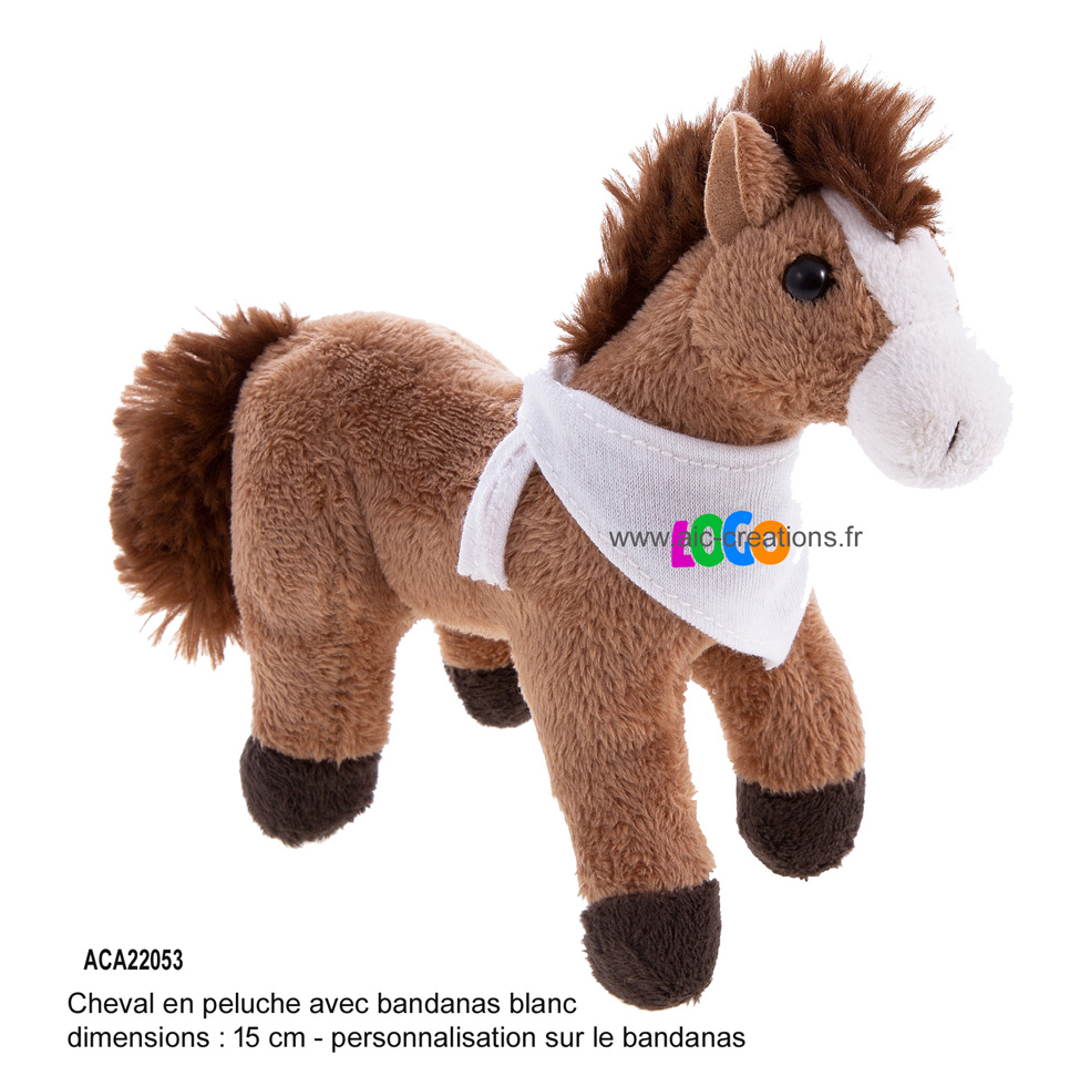 cheval en peluche, peluche publicitaire, chaval 15 cm avec bandanas, logo sur bandanas, adorable cheval en peluche