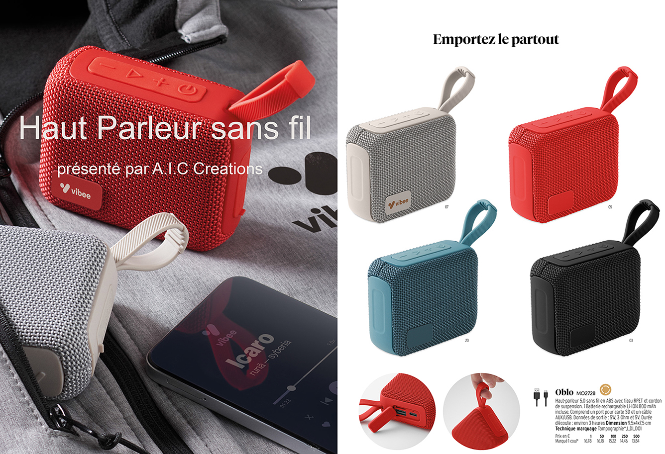 cadeaux d'affaires, haut-parleur sans fil en ABS et tissu en RPET, objets publicitaires