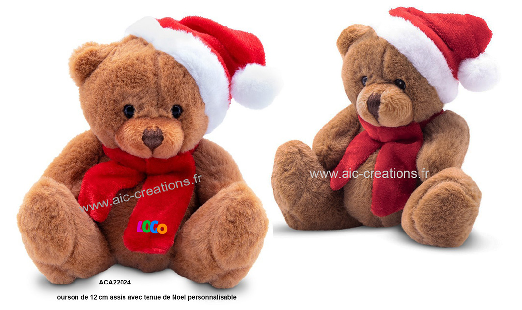 Déco de noël peluche ours brun avec bonnet et bois de renne h 35